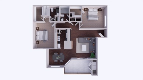 A 3D rendered image of a house layout.